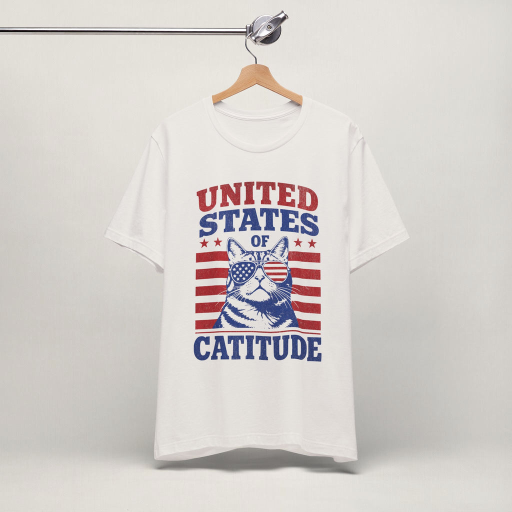Close-up of United States Of Catitude patriotic cat print on vintage white unisex t-shirt