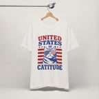 Close-up of United States Of Catitude patriotic cat print on vintage white unisex t-shirt