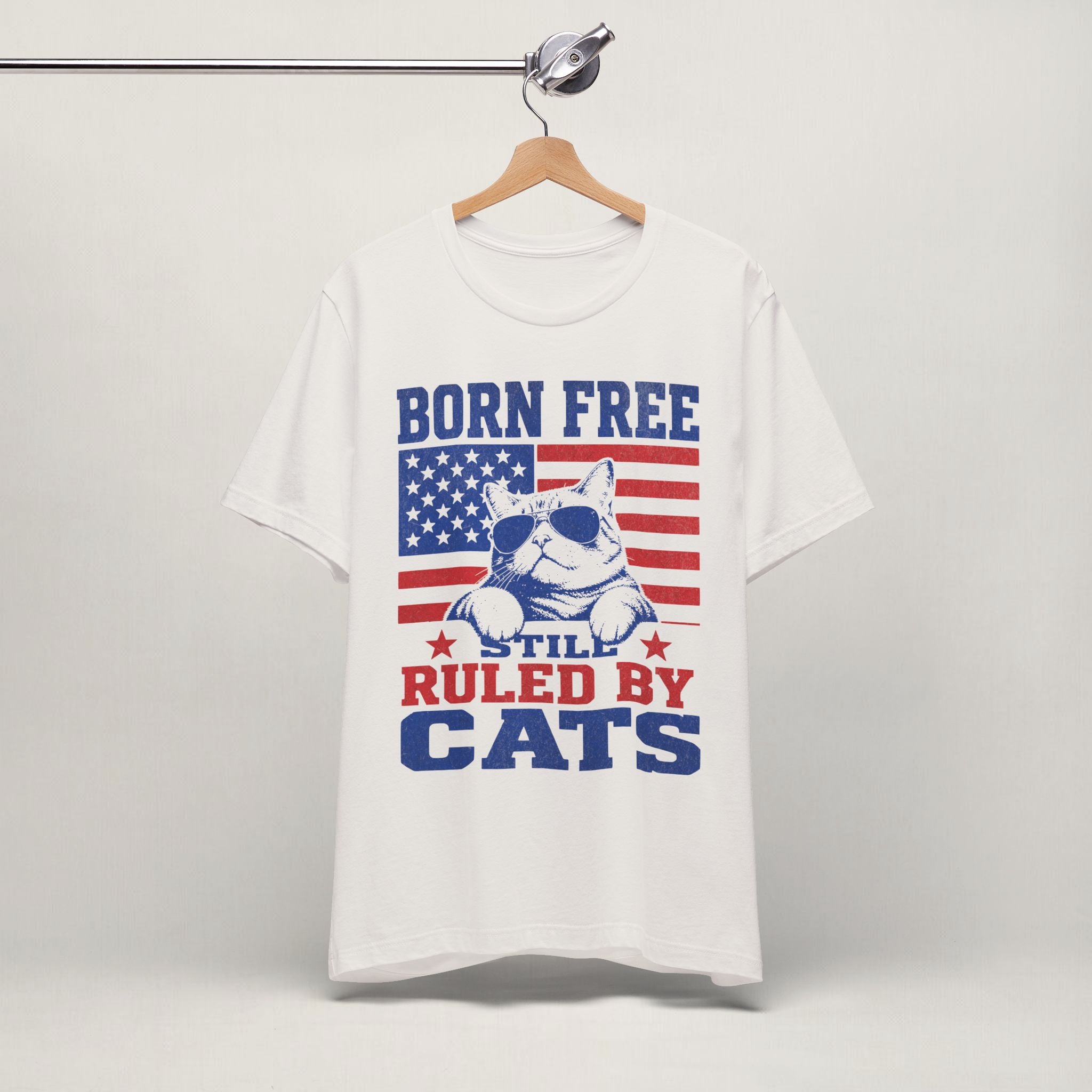 Close-up of Born Free patriotic print on vintage white unisex t-shirt