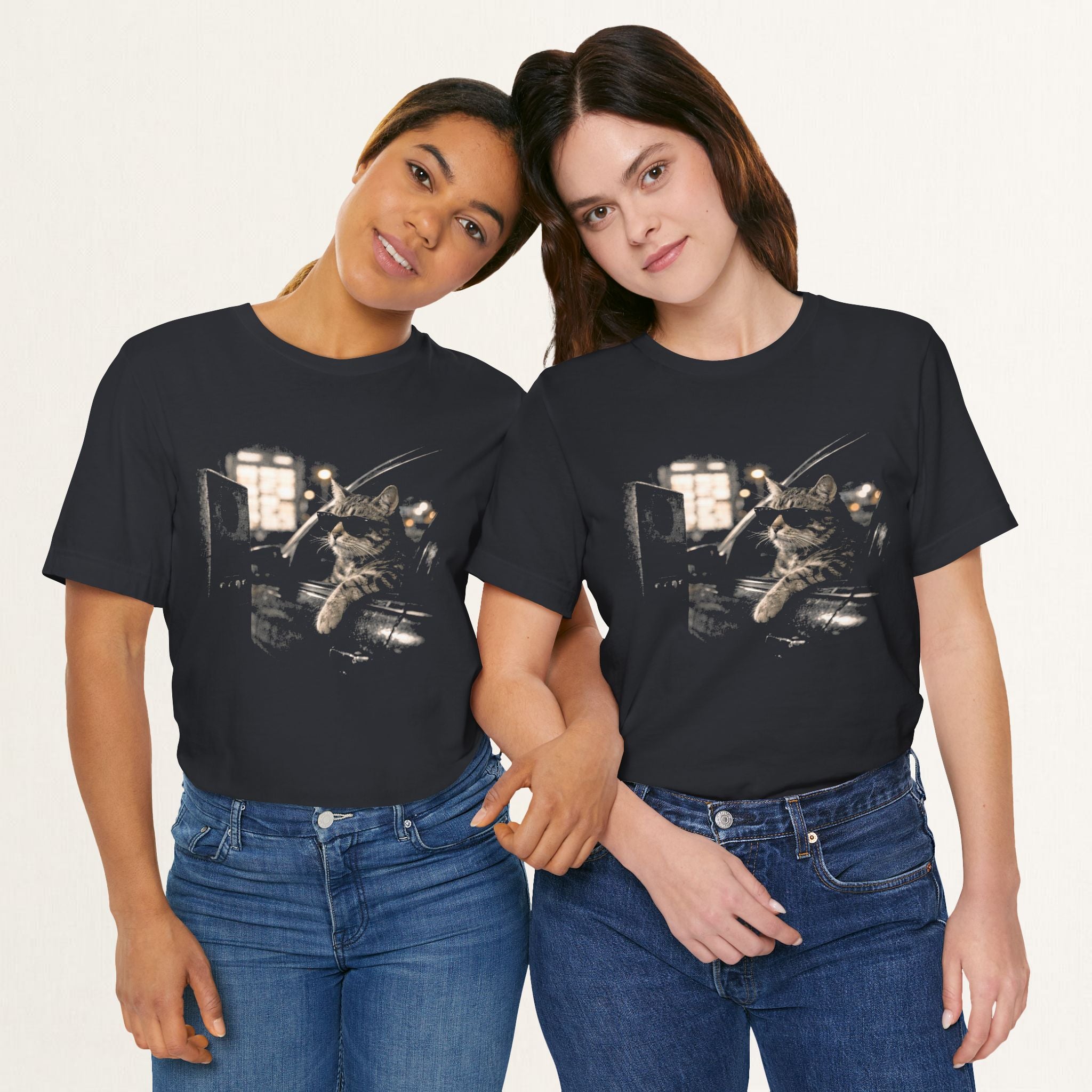 Flat lay of vintage black Late Drive Thru cat t-shirt, back view