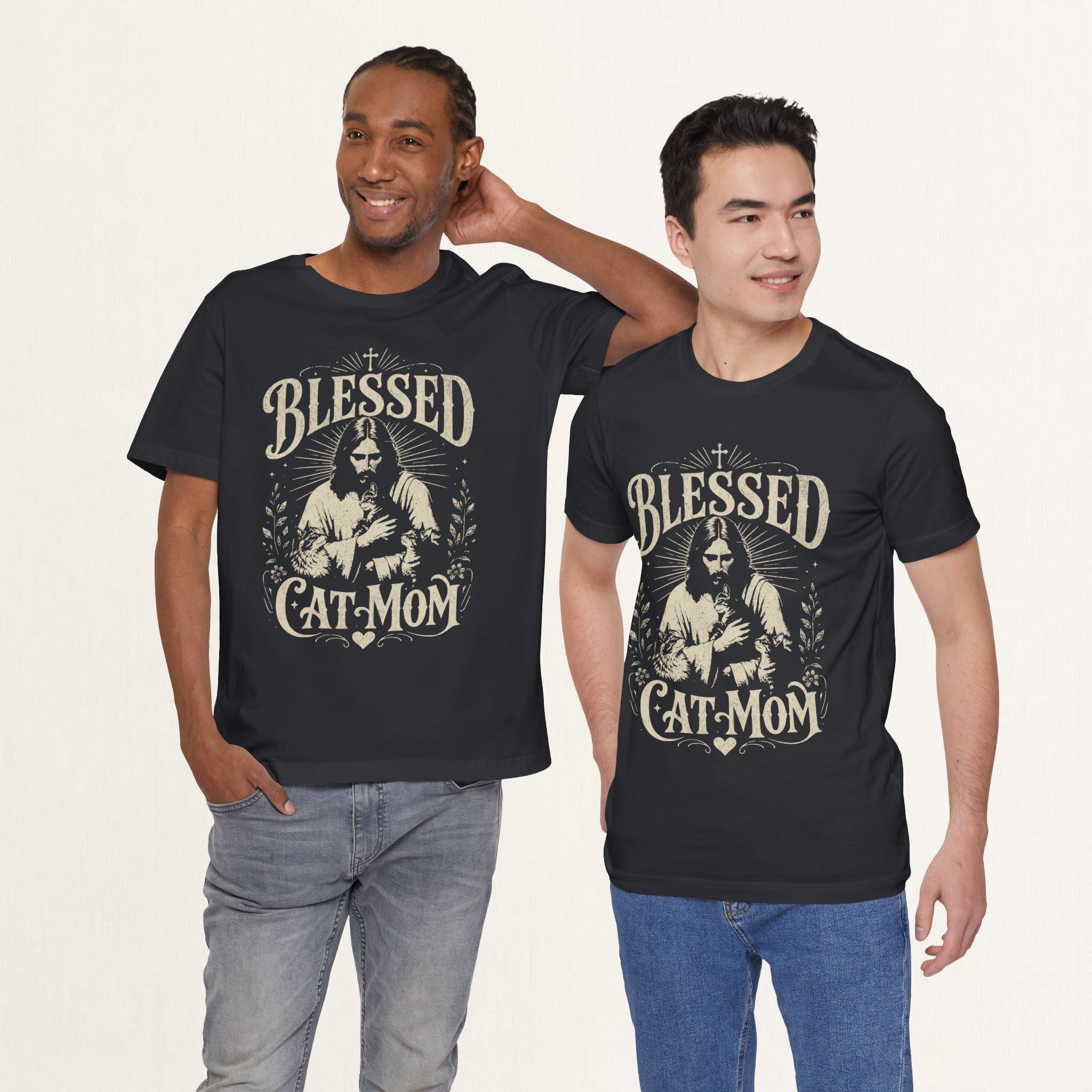 Two men wearing vintage black Blessed Cat Mom printed cat t-shirts