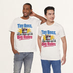Model wearing vintage white Tiny Boss Big Rules graphic cat t-shirt