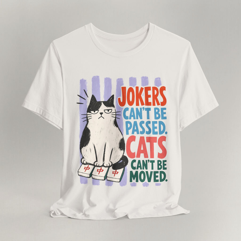 Vintage white cat t-shirt with a Jokers Can't Be Passed, Cats Can't Be Moved mahjong design, shown flat