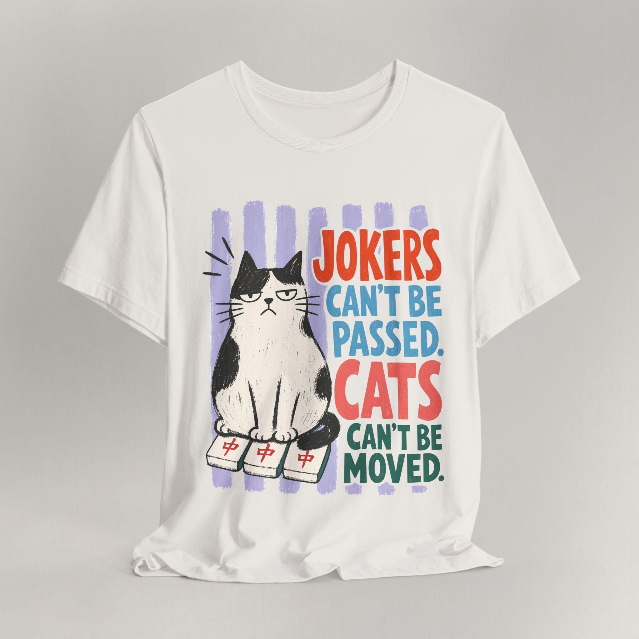 Vintage white cat t-shirt with a Jokers Can't Be Passed, Cats Can't Be Moved mahjong design, shown flat