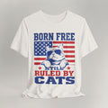 Flat lay of vintage white patriotic cat t-shirt with Born Free print design