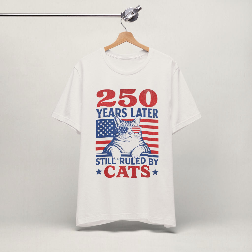 Close-up of 250 Years Later patriotic print on vintage white unisex t-shirt