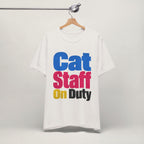 Close-up of Cat Staff On Duty print on vintage white unisex t-shirt