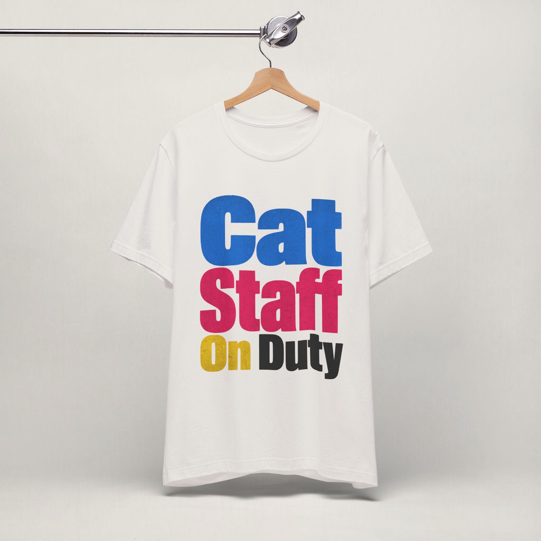 Close-up of Cat Staff On Duty print on vintage white unisex t-shirt