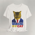 Vintage white graphic cat t-shirt with Working For My Cat print, flat lay front view