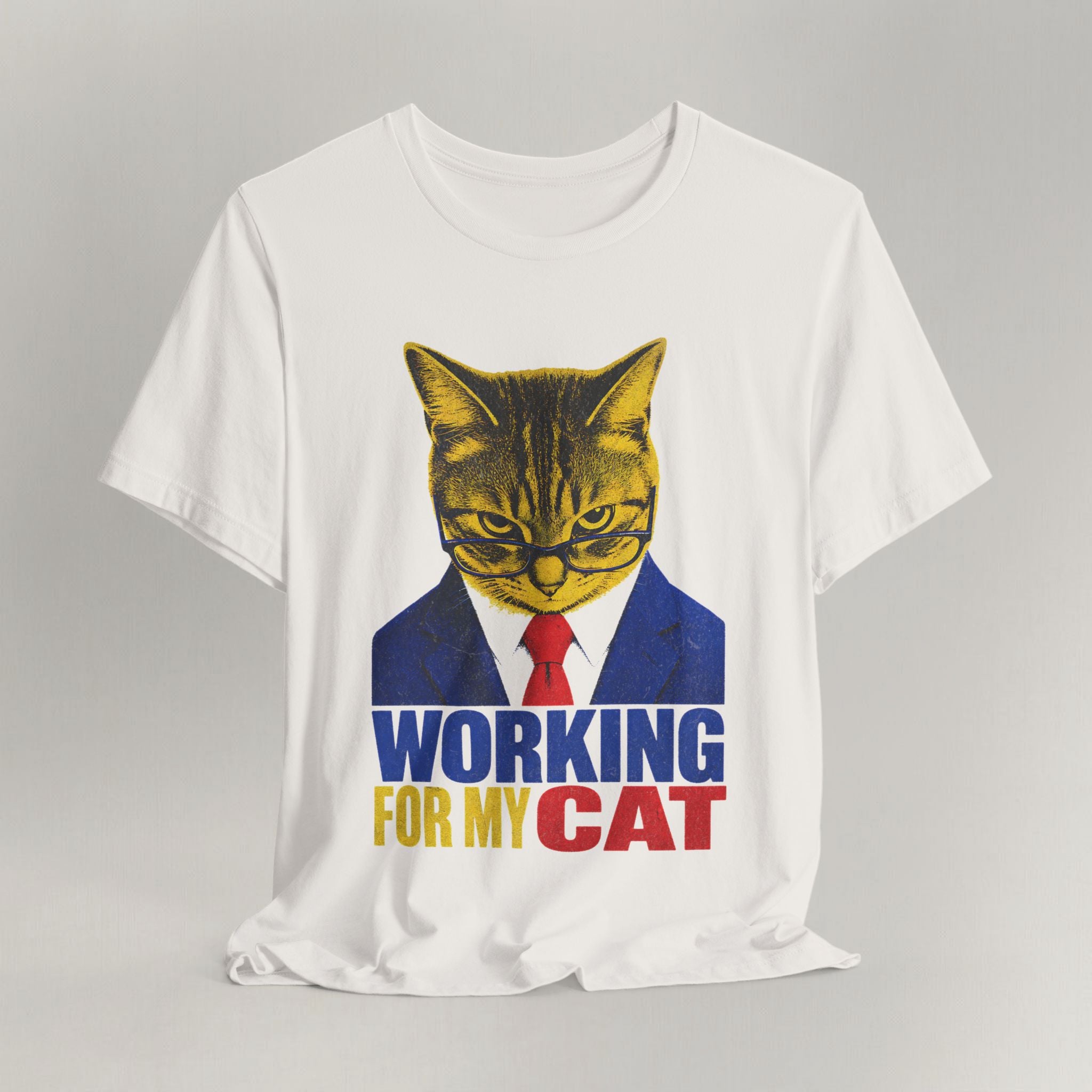 Vintage white graphic cat t-shirt with Working For My Cat print, flat lay front view