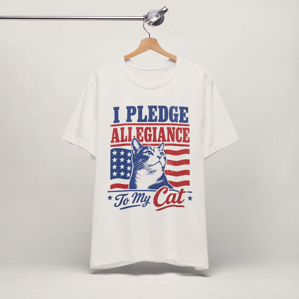 Close-up of I Pledge Alledgiance patriotic print on vintage white unisex t-shirt