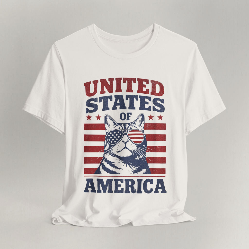 Flat lay of vintage white patriotic cat t-shirt with United States Of America print design