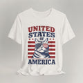 Flat lay of vintage white patriotic cat t-shirt with United States Of America print design