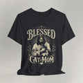 Vintage black cat t-shirt with a printed Blessed Cat Mom design, shown flat