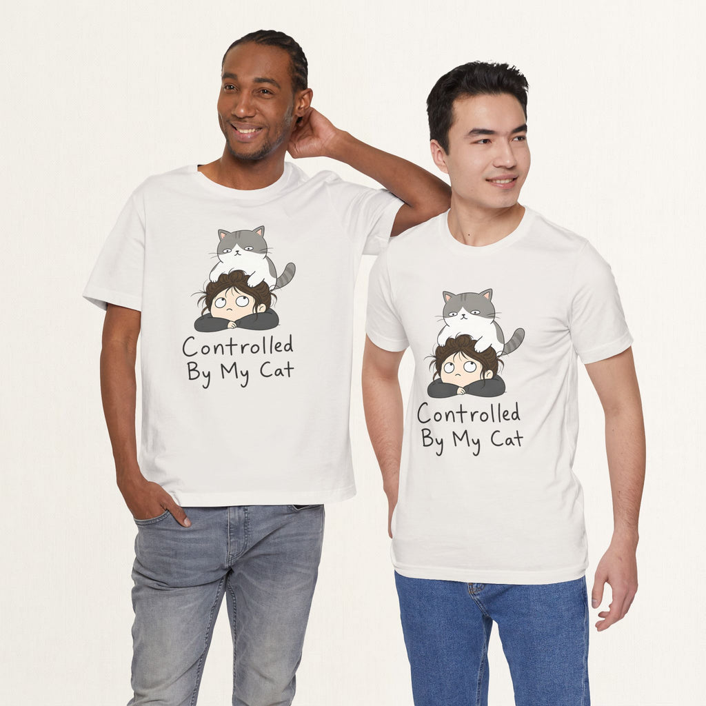 Model wearing vintage white Controlled By My Cat graphic cat t-shirt