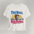Flat lay of vintage white graphic cat t-shirt with Tiny Boss Big Rules print design