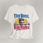 Flat lay of vintage white graphic cat t-shirt with Tiny Boss Big Rules print design