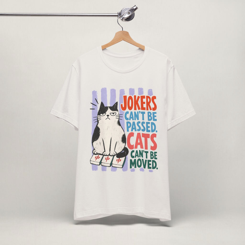 Vintage white Jokers Can't Be Passed mahjong cat t-shirt on a hanger