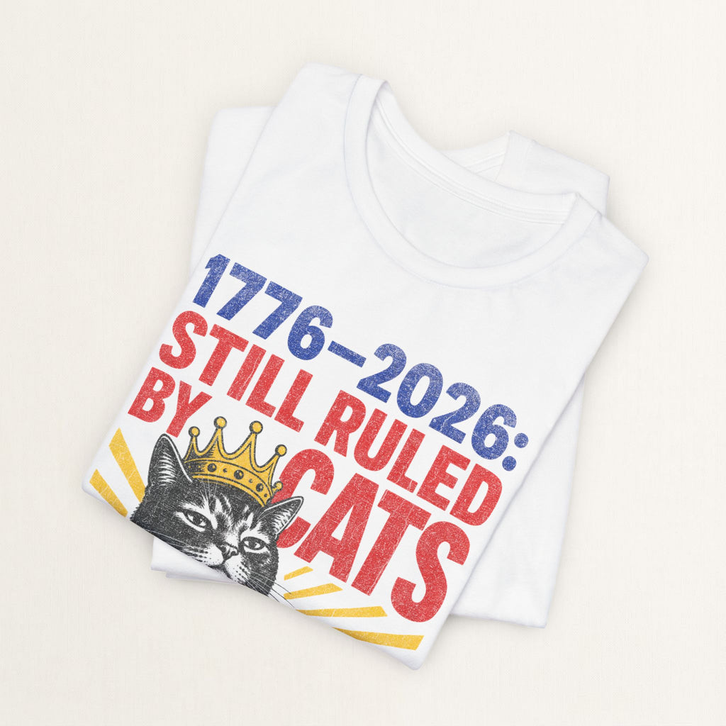 Back view of white Still Ruled By Cats cat t-shirt on model