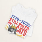 Back view of white Still Ruled By Cats cat t-shirt on model