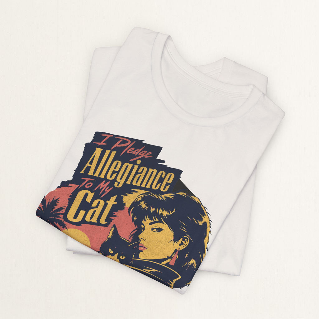 Back view of vintage white Allegiance To My Cat graphic cat t-shirt on model