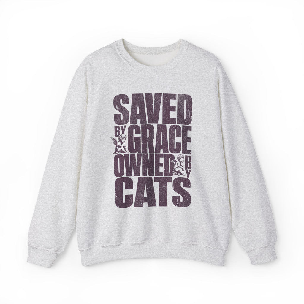 Ash cat sweatshirt with a printed Saved by Grace Owned by Cats design, shown flat