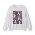 Ash cat sweatshirt with a printed Saved by Grace Owned by Cats design, shown flat