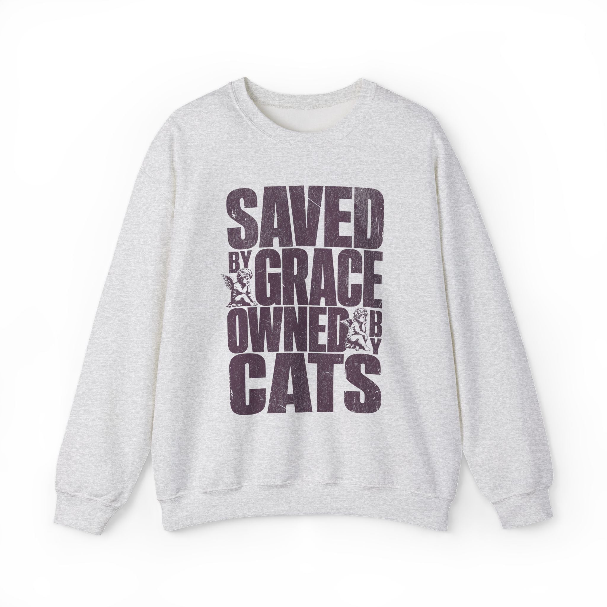 Ash cat sweatshirt with a printed Saved by Grace Owned by Cats design, shown flat