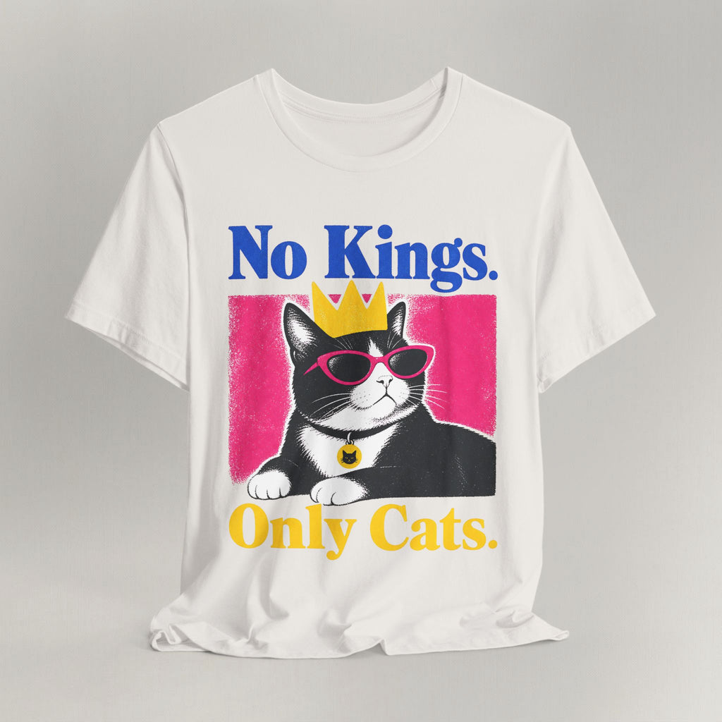 Flat lay of vintage white graphic cat t-shirt with No Kings Only Cats patriotic design