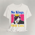 Flat lay of vintage white graphic cat t-shirt with No Kings Only Cats patriotic design