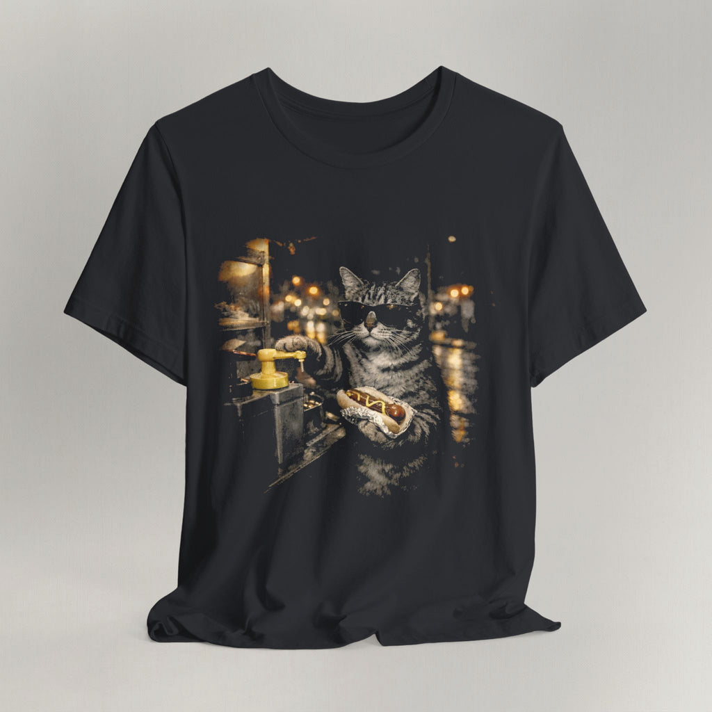 Vintage black graphic cat t-shirt with Late Night Hotdog print, flat lay front view