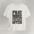 Vintage white cat t-shirt with a bold Pray More, Pet Cats Often design, shown flat