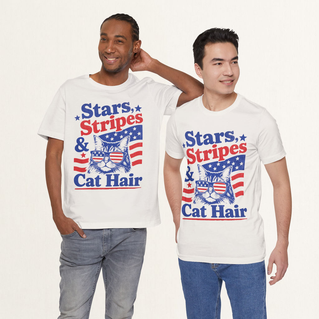 Model wearing vintage white Stars Stripes and Cat Hair patriotic cat t-shirt