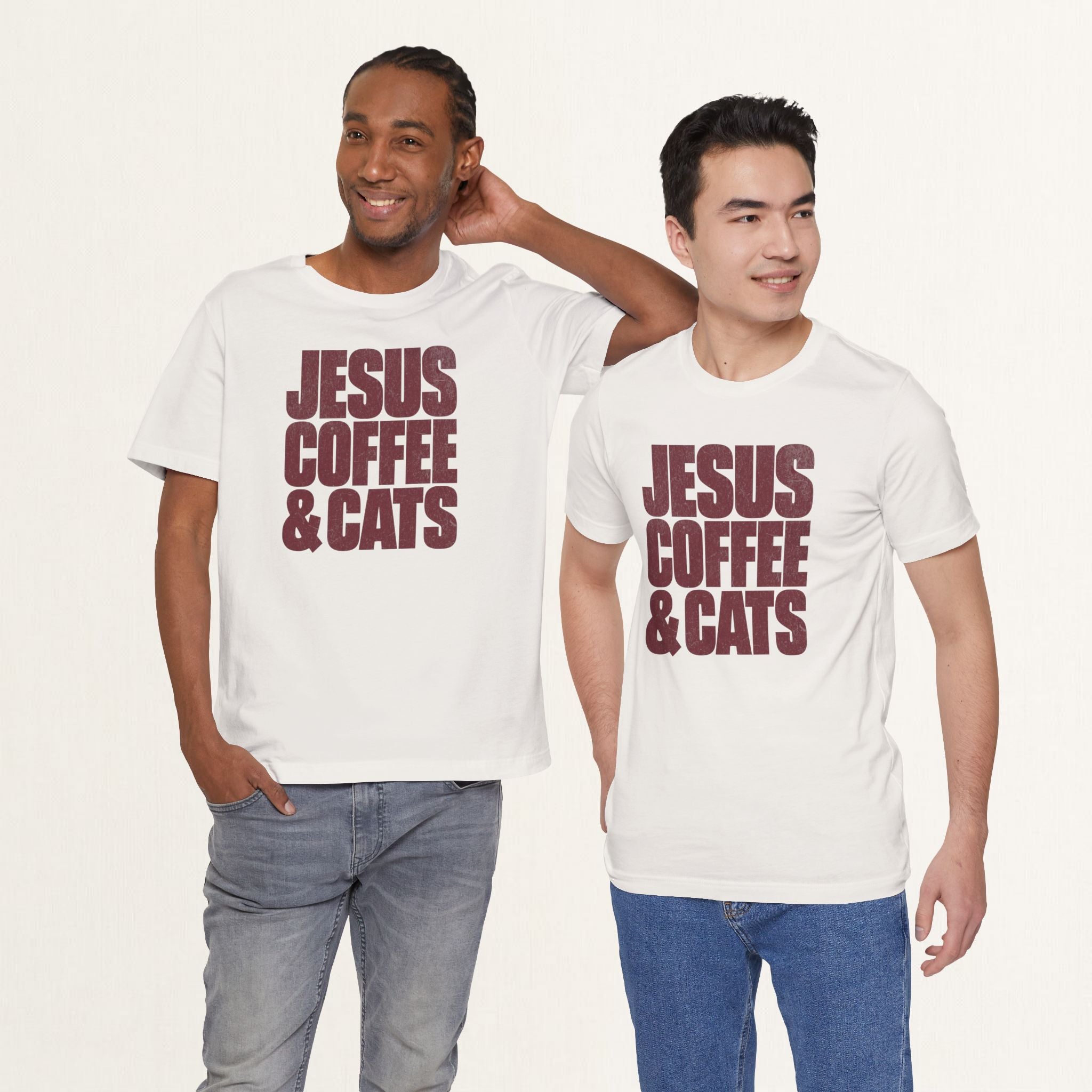 Two men wearing vintage white Jesus, Coffee & Cats cat t-shirts