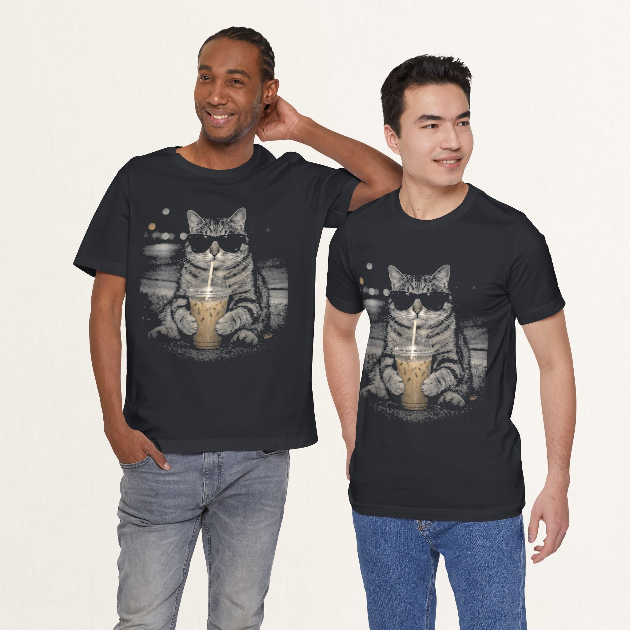 Folded vintage black Street Latte Cat t-shirt showing fabric and print detail