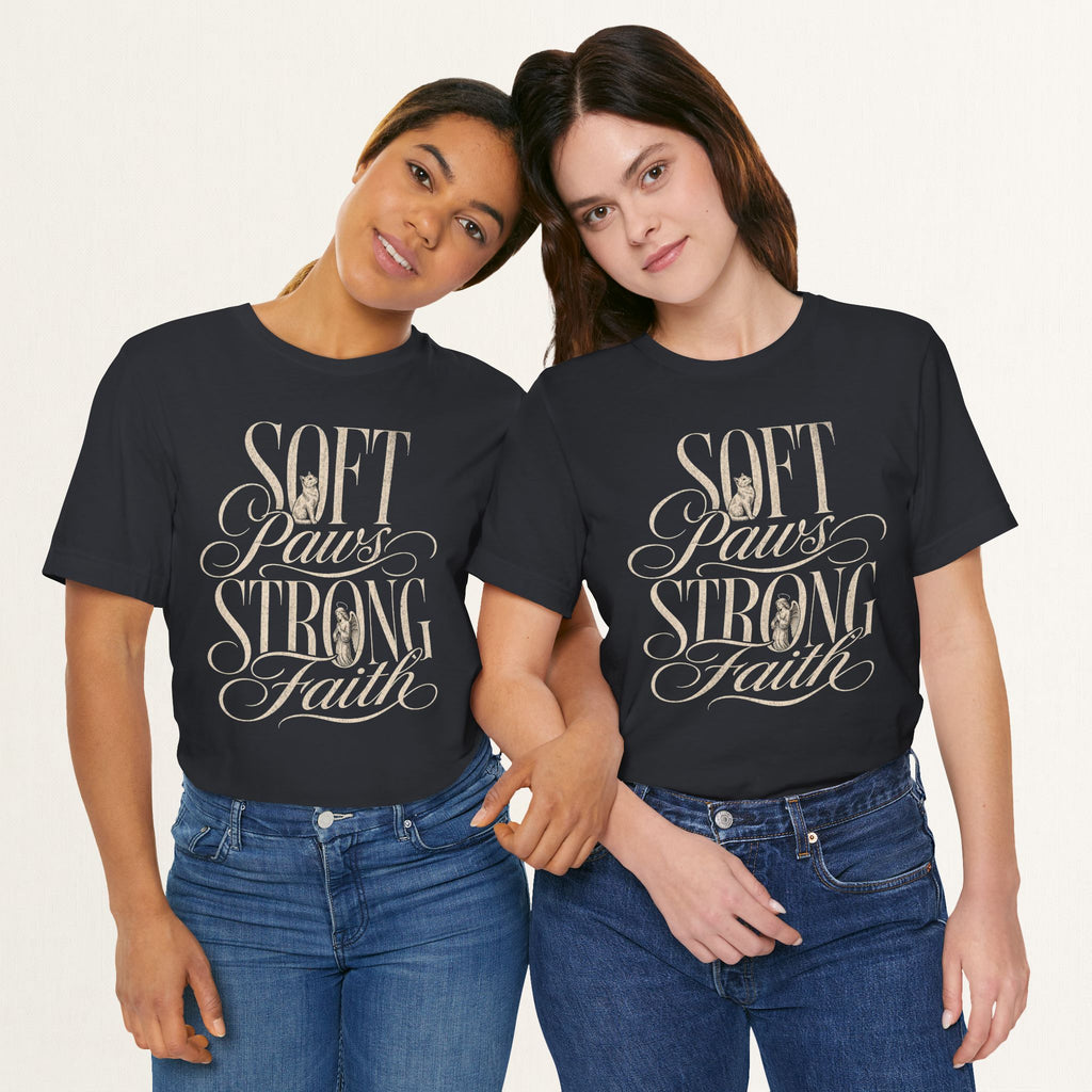 Couple wearing vintage black Soft Paws, Strong Faith cat t-shirts