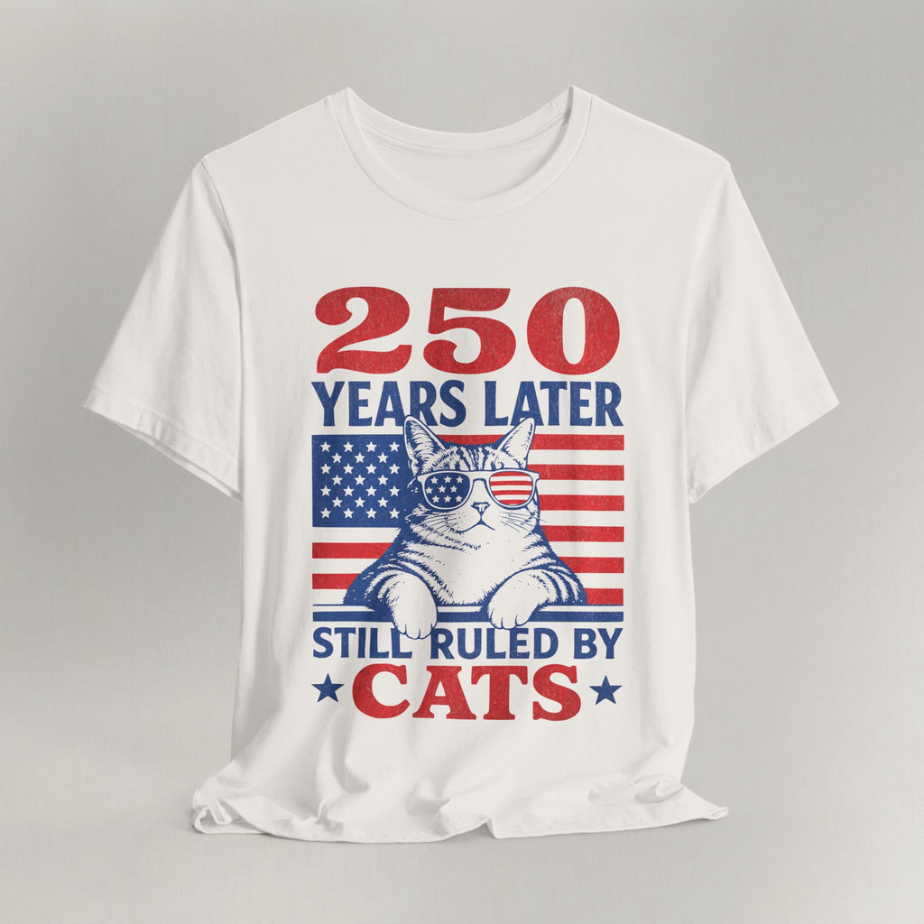 Flat lay of vintage white patriotic cat t-shirt with 250 Years Later print design