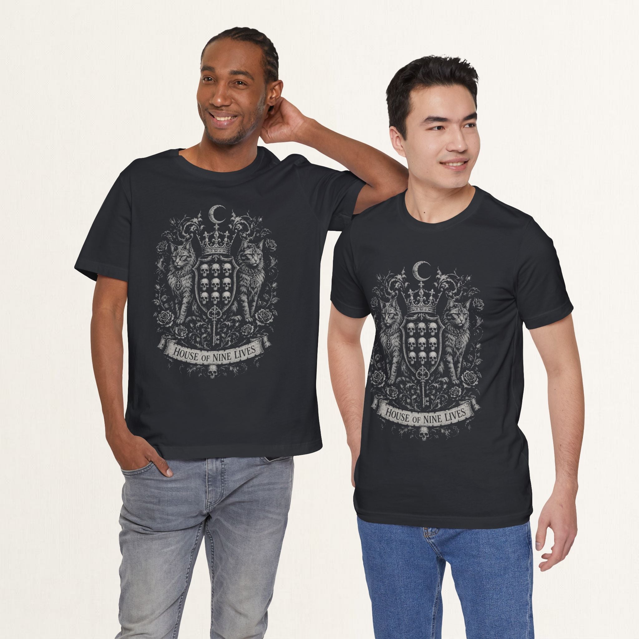 Two men wearing vintage black House of Nine Lives gothic cat t-shirts