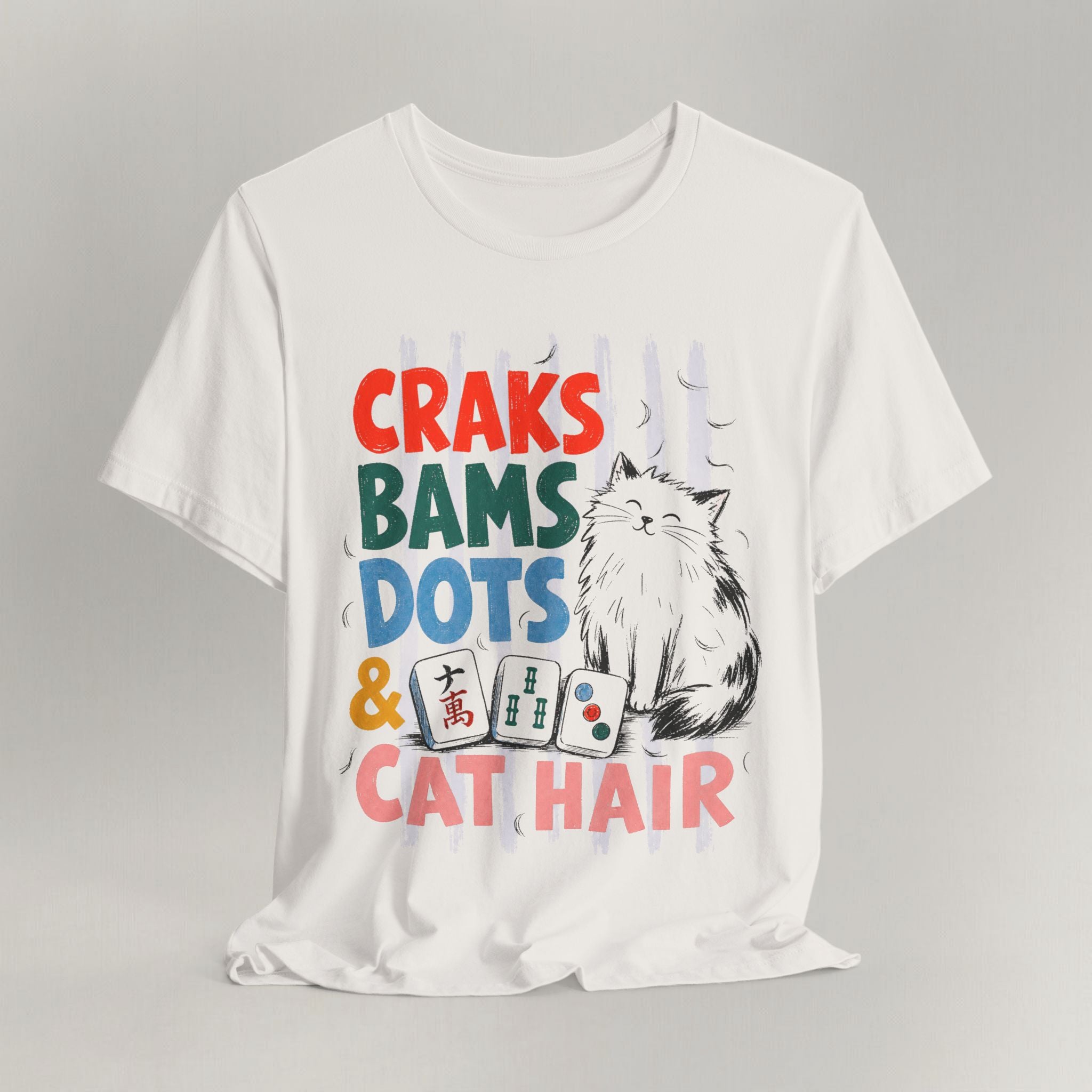 Vintage white cat t-shirt with a Craks, Bams, Dots and Cat Hair mahjong design and a cat, shown flat
