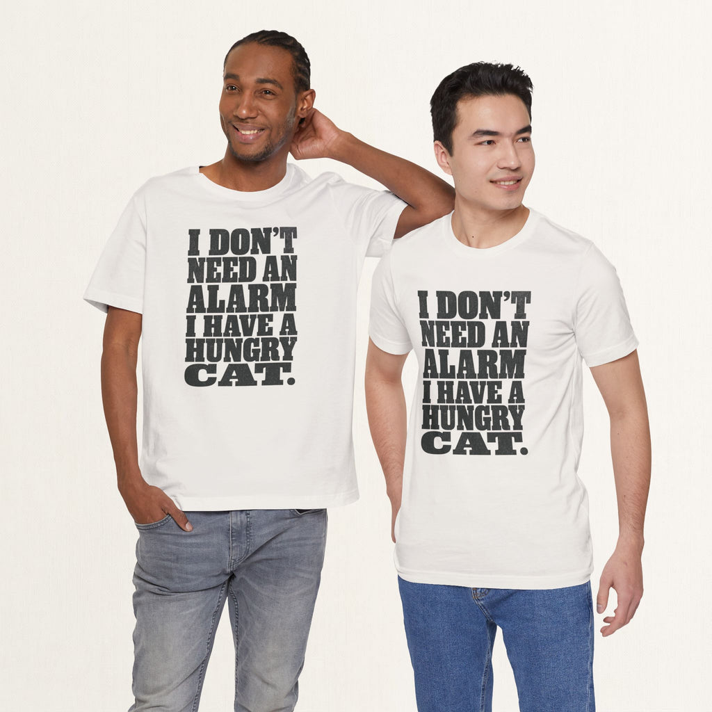 Two men wearing vintage white I Don't Need An Alarm cat t-shirts