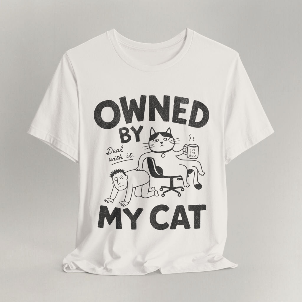 Vintage white t-shirt with comic Owned By My Cat illustration of cat boss in office chair and crawling human