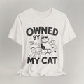 Vintage white t-shirt with comic Owned By My Cat illustration of cat boss in office chair and crawling human
