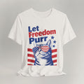 Flat lay of vintage white graphic cat t-shirt with Let Freedom Purr patriotic cat design