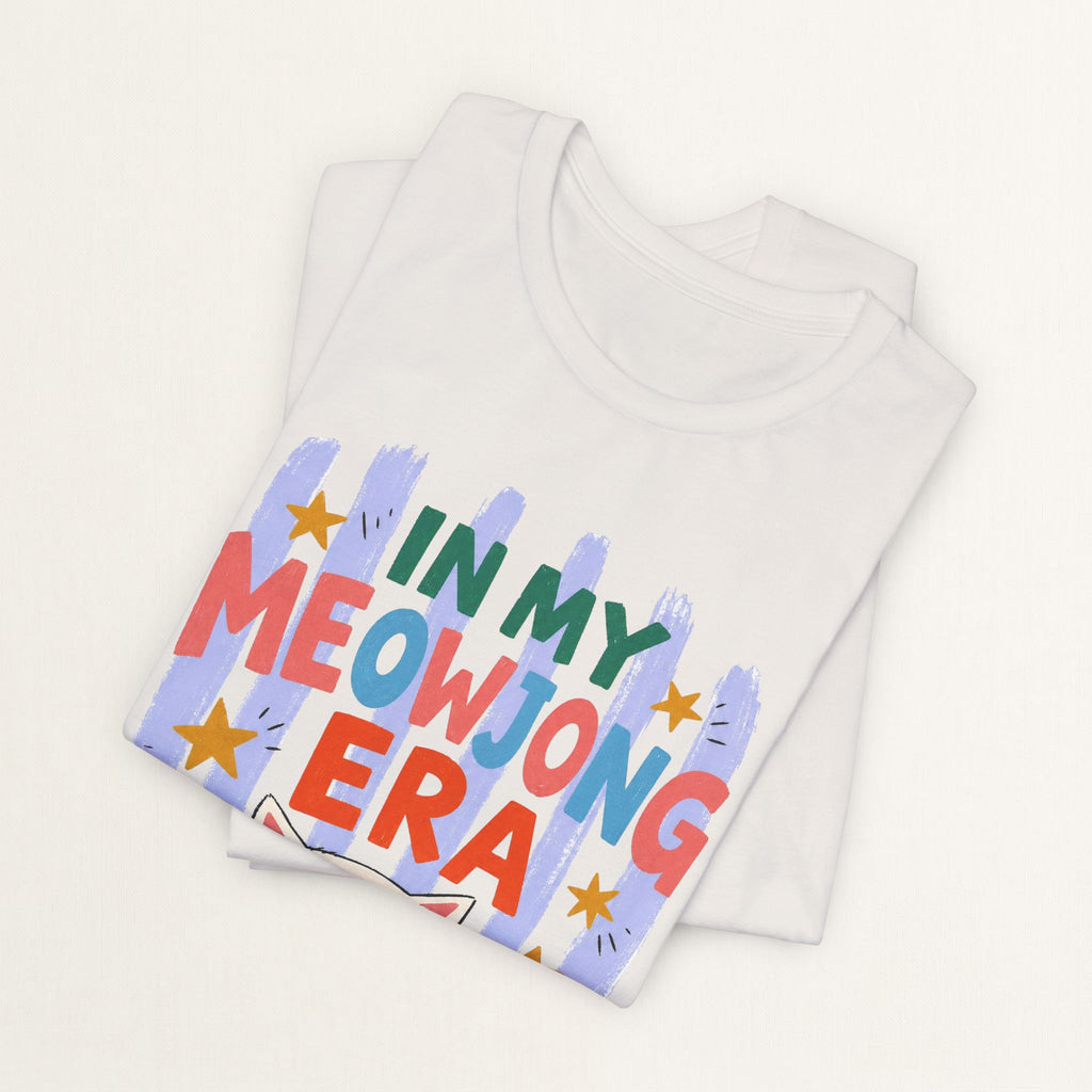 Folded vintage white In My Meowjong Era cat t-shirt