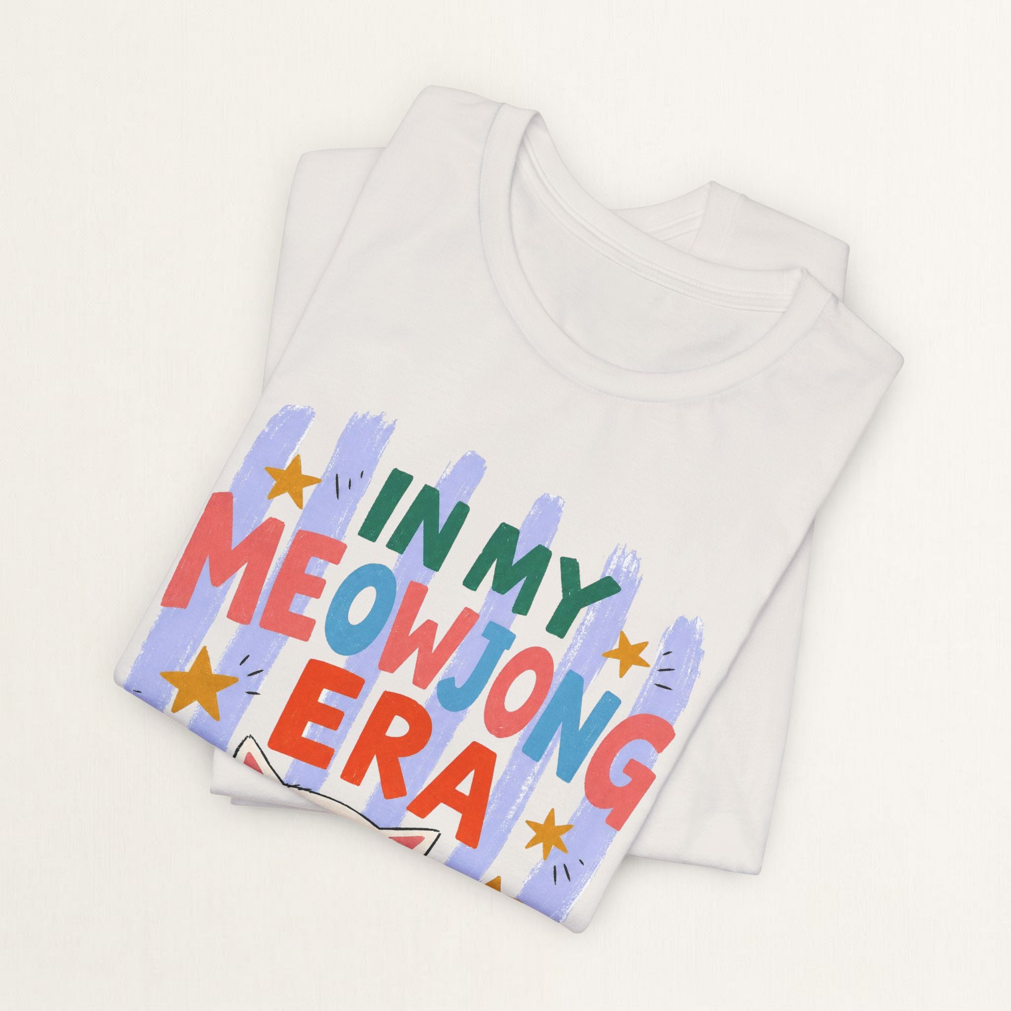 Folded vintage white In My Meowjong Era cat t-shirt