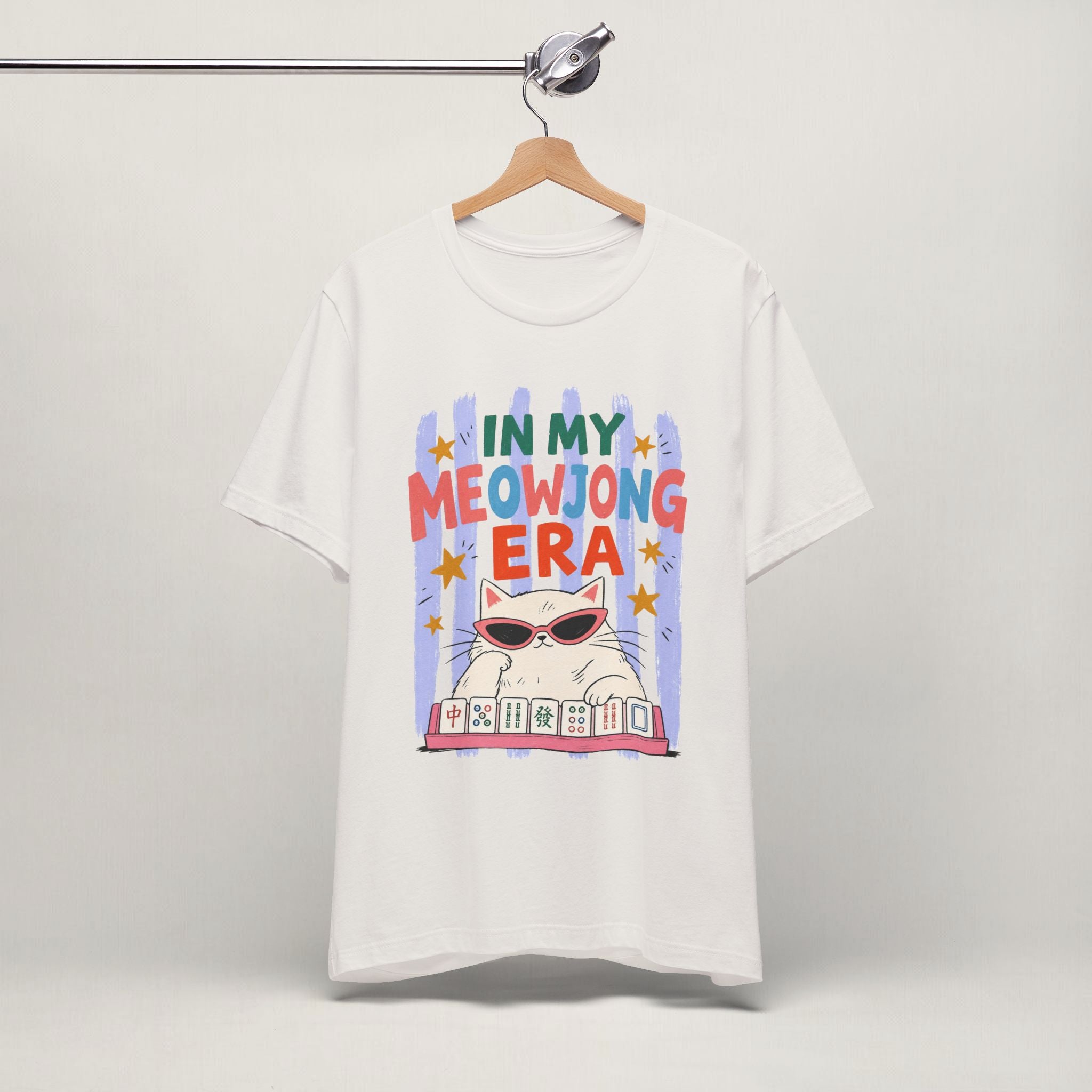 Vintage white In My Meowjong Era cat t-shirt on a hanger