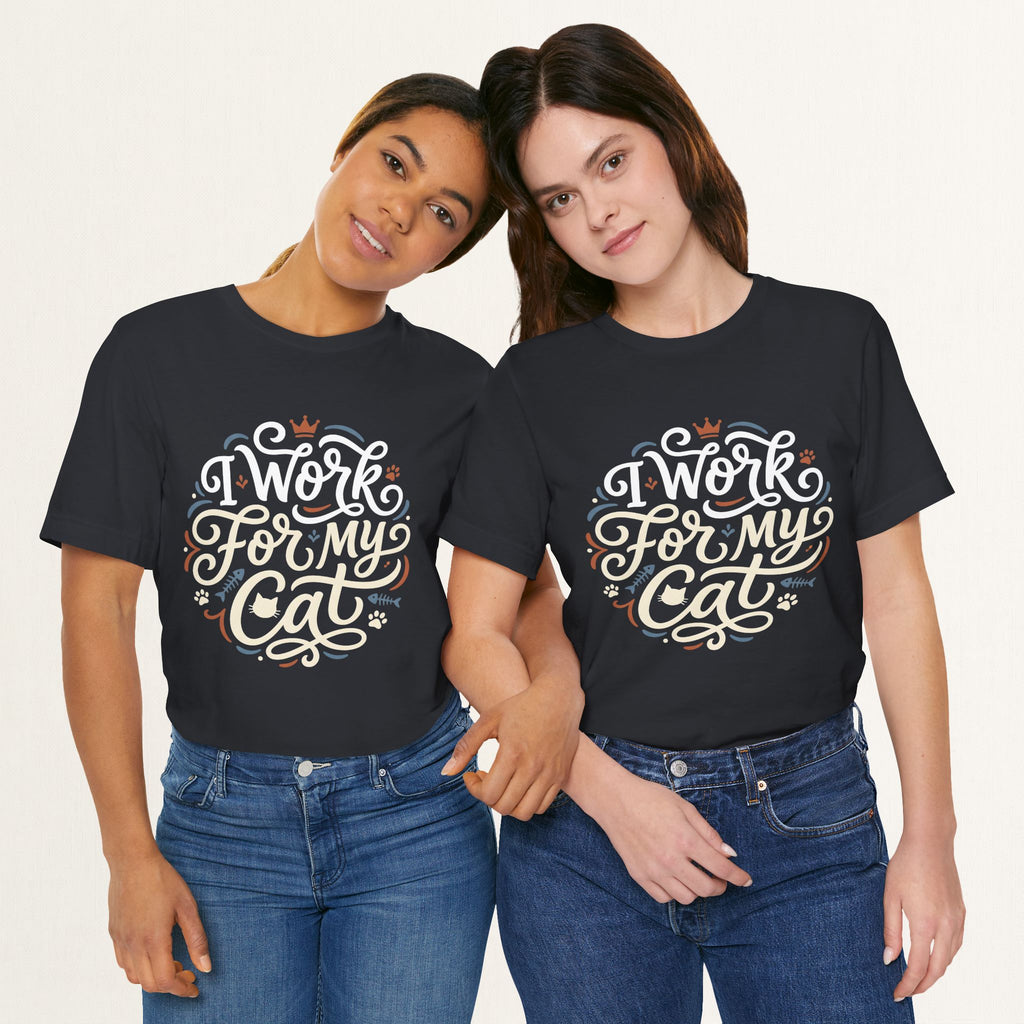 Styled flat lay of vintage black I Work For My Cat cat graphic tee