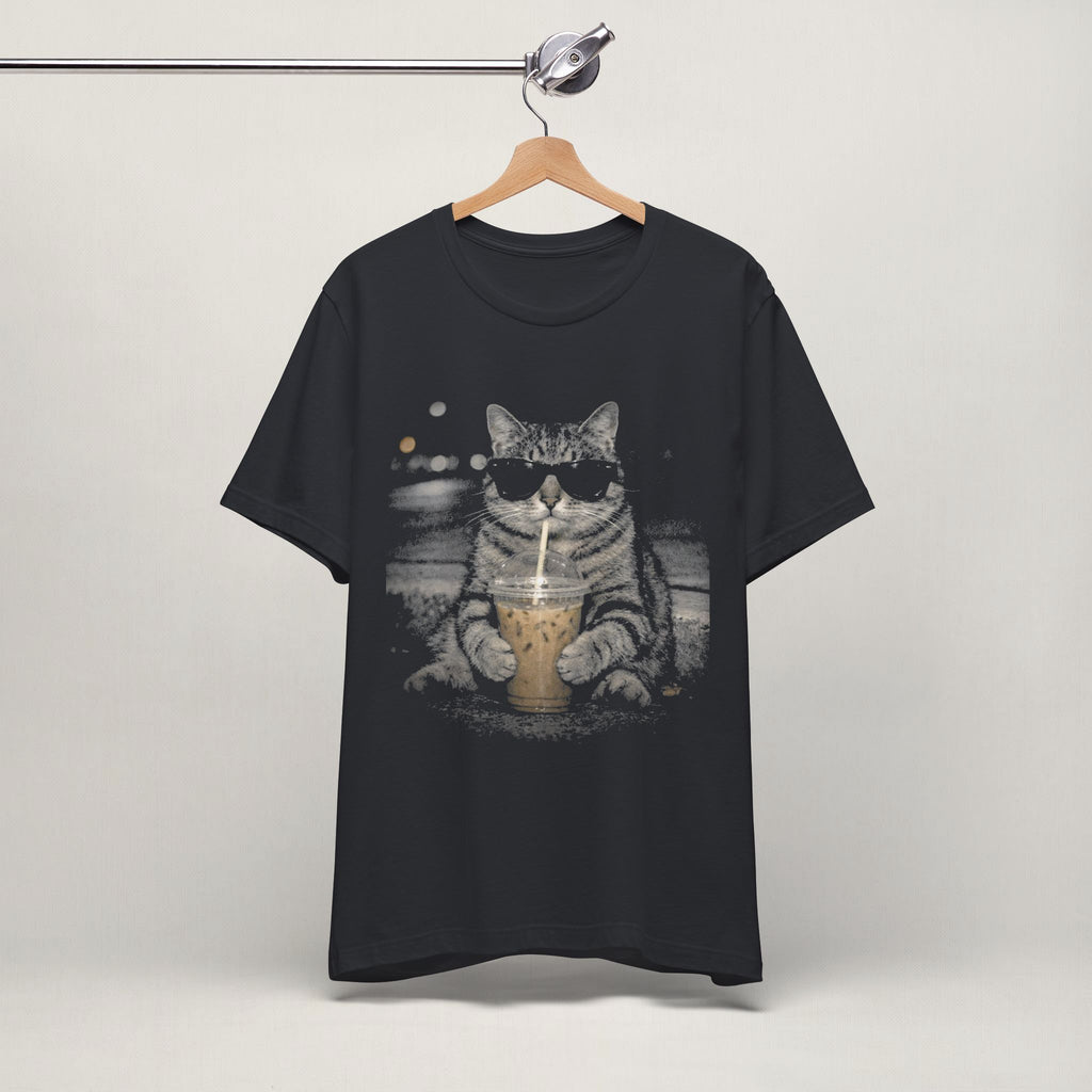 Side view of model wearing vintage black Street Latte Cat t-shirt