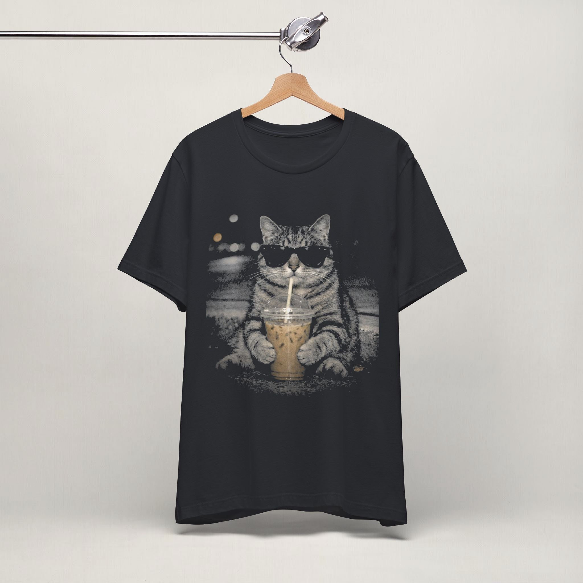 Side view of model wearing vintage black Street Latte Cat t-shirt