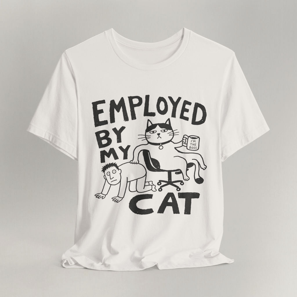 Flat lay of vintage white graphic cat t-shirt with Employed print design